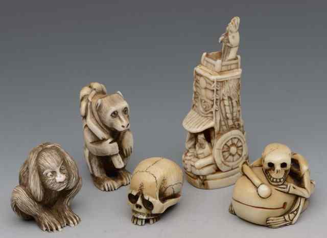 Appraisal: A COLLECTION OF FIVE NETSUKES to include a seal netsuke