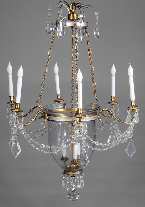 Appraisal: Bronze Crystal Nine-Light Chandelier th century six lights on scrolled