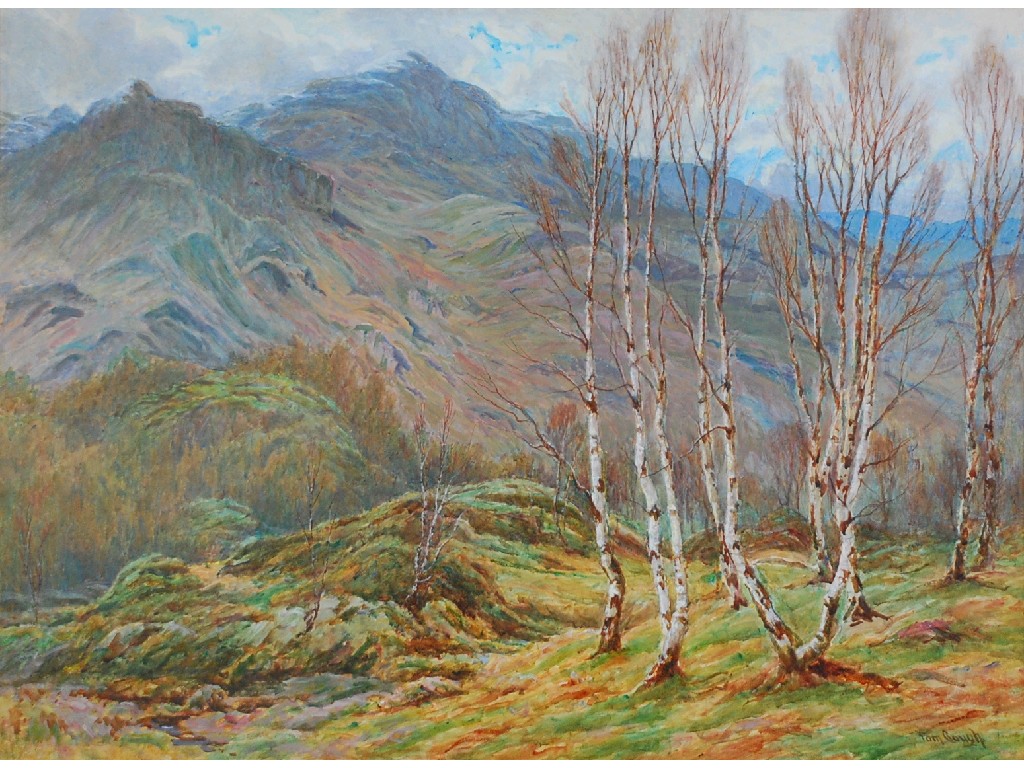 Appraisal: TOM CLOUGH WATERCOLOUR Silver Birch trees in lakeland landscape signed