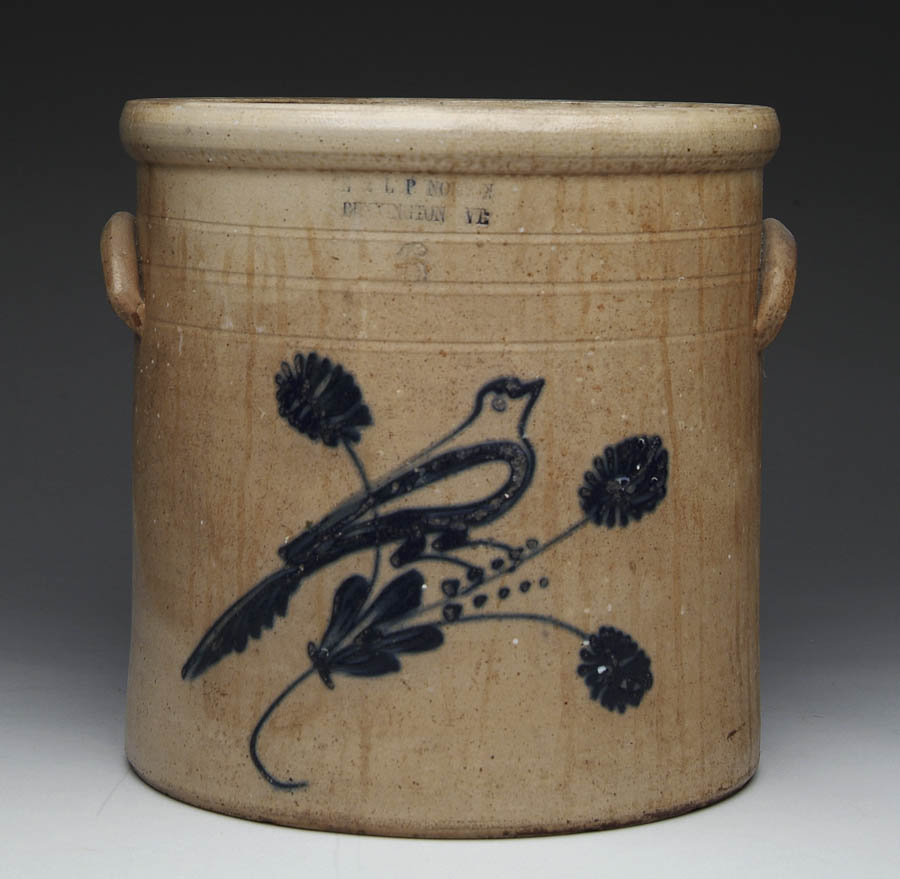 Appraisal: LARGE SIX GALLON STONEWARE CROCK WITH BIRD AND FLOWERS bird