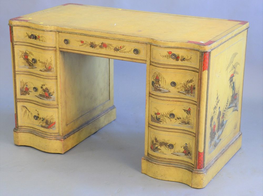 Appraisal: Chinoiserie decorated kneehole desk with inset leather top ht wd