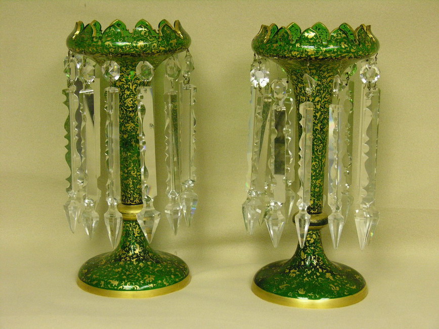 Appraisal: PAIR VICTORIAN GREEN LUSTERS Green glass with gold leaf painted