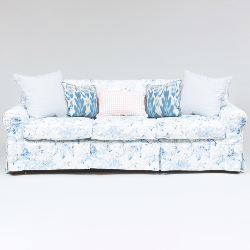 Appraisal: Modern Blue Floral Linen Slip Covered Three Seat Sofa A