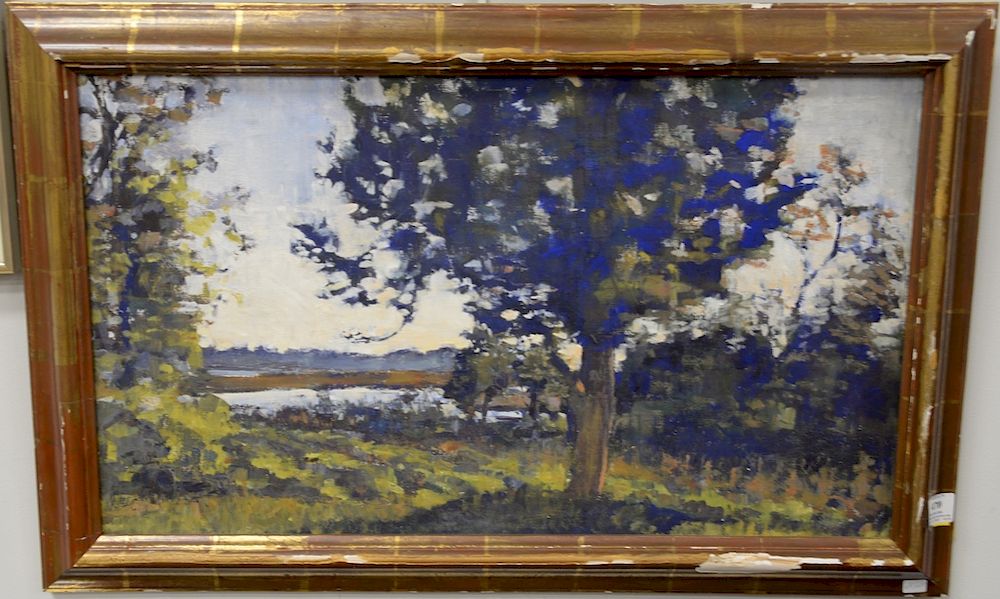 Appraisal: Landscape with tree and pond oil painting unsigned x Landscape