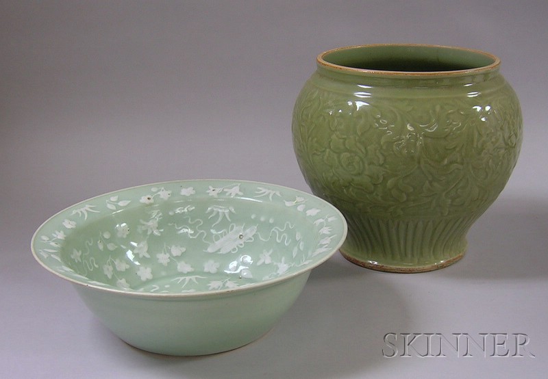 Appraisal: Lung Chuan Celadon Jardiniere and Basin basin is floral and