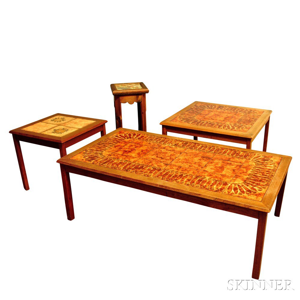 Appraisal: Three Danish Modern Tile-top Tables and a Plant Stand th