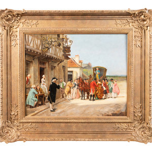 Appraisal: Maurice Blum French - Village Scene with Stagecoach oil on