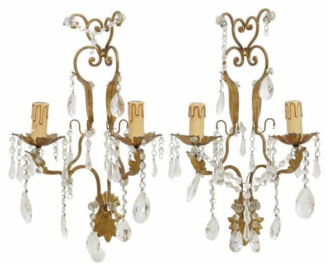 Appraisal: pair Italian gilt metal and crystal sconces th c volute