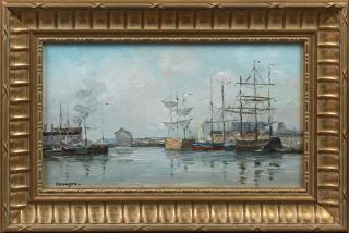 Appraisal: French School Harbor Scene th c oil on boa French