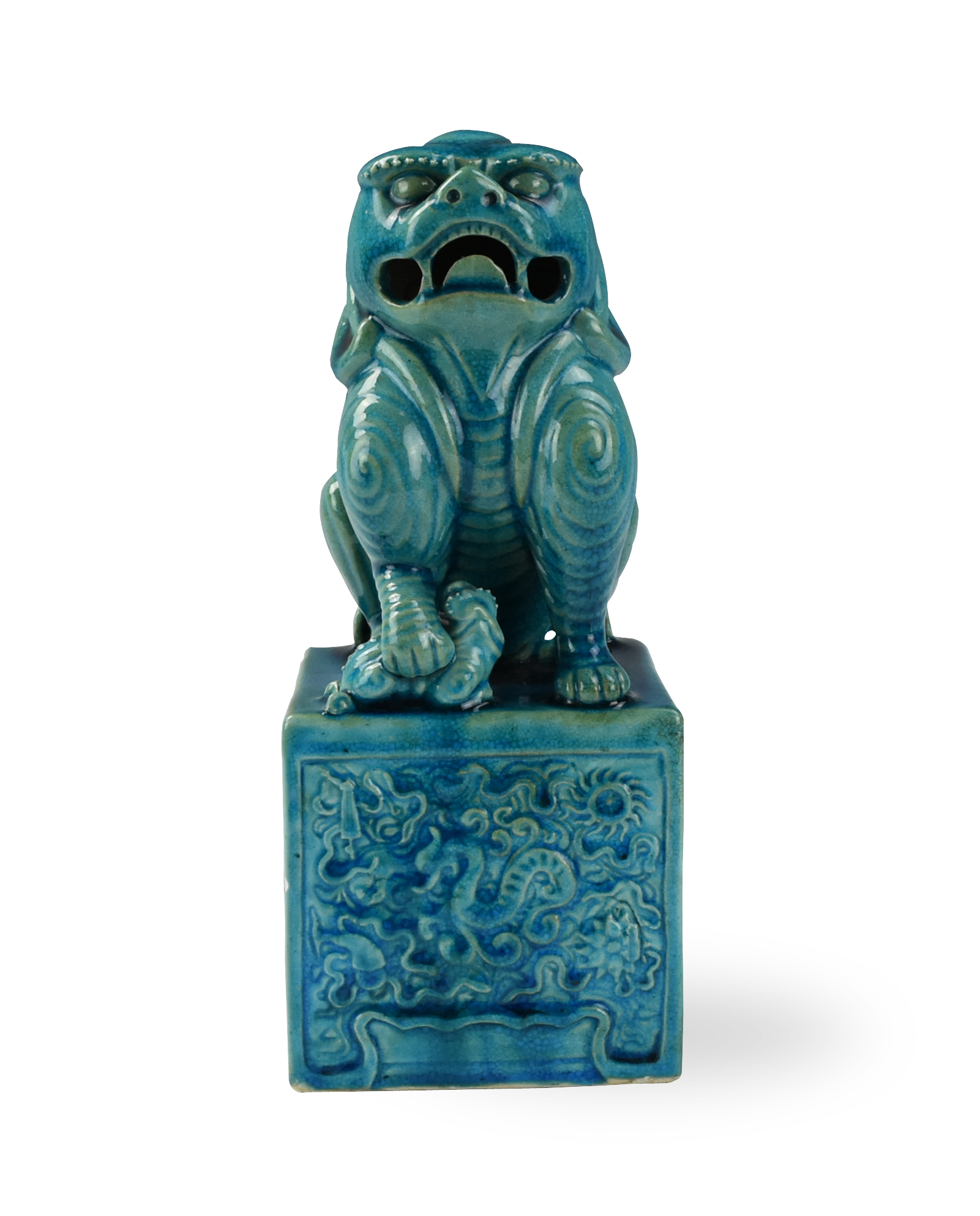 Appraisal: CHINESE PEACOCK BLUE GLAZED FOO-DOG ROC PERIOD Chinese Republic period