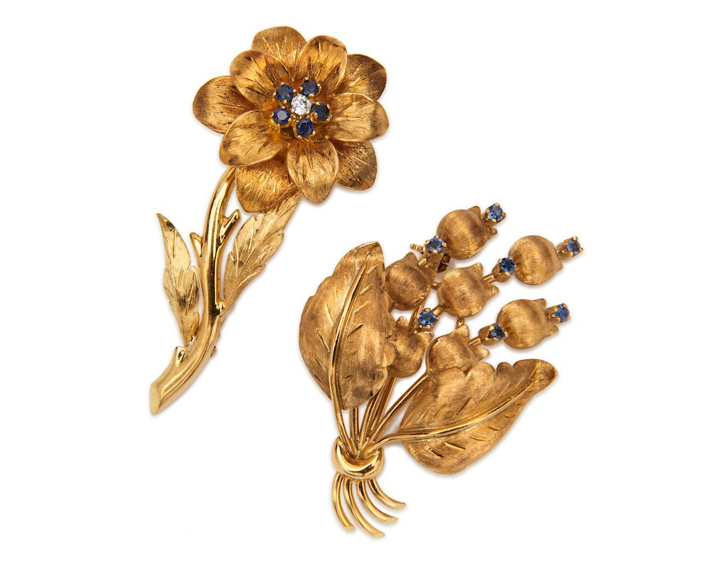 Appraisal: Two TIFFANY CO K Gold and Sapphire Brooches Two TIFFANY