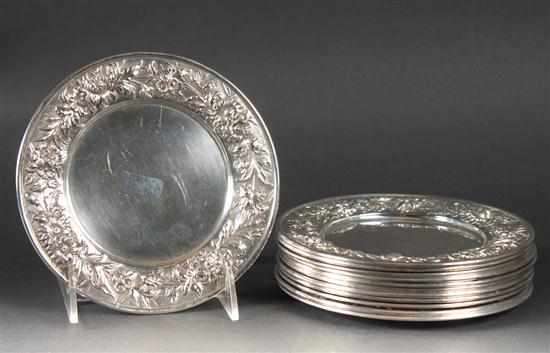 Appraisal: Twelve American repousse sterling silver bread plates pattern S Kirk