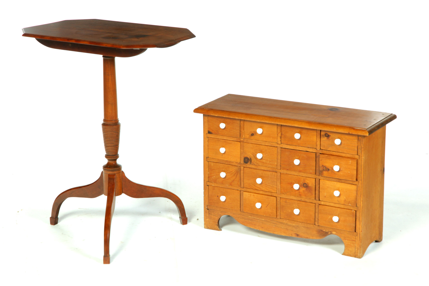 Appraisal: TWO PIECES OF REPRODUCTION FURNITURE CANDLESTAND AND APOTHECARY DRAWERS American