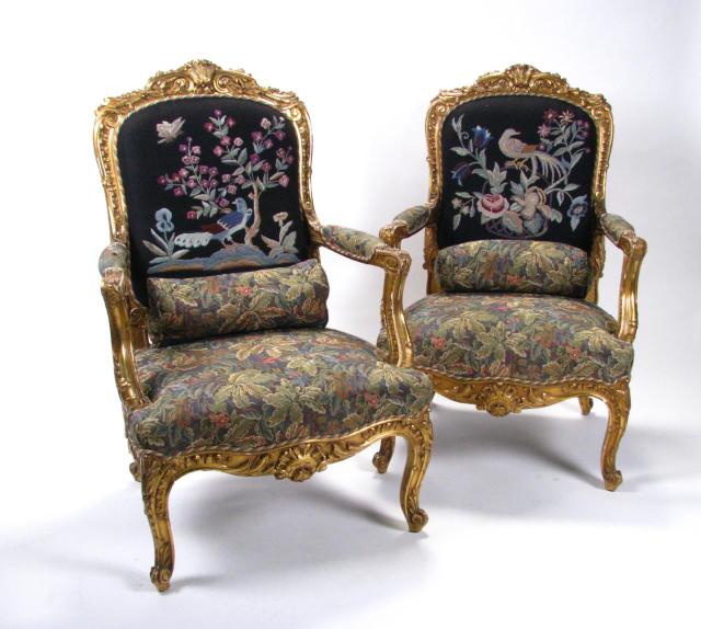 Appraisal: Pair of Louis XV style antique French armchairs late th