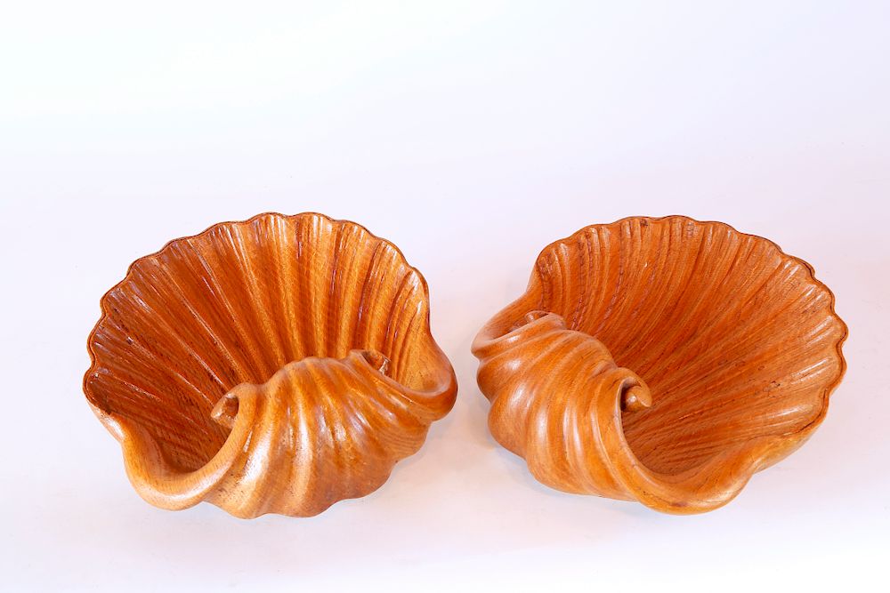 Appraisal: Pair of Carved Wood Scallop Shell Ornaments Exclusive on Bidsquare