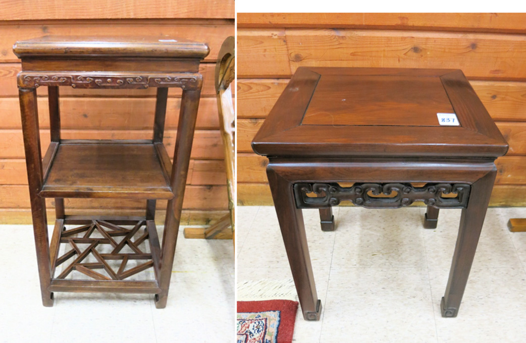 Appraisal: TWO CHINESE SQUARE-TOP OCCASIONAL TABLES a -tier elmwood and single