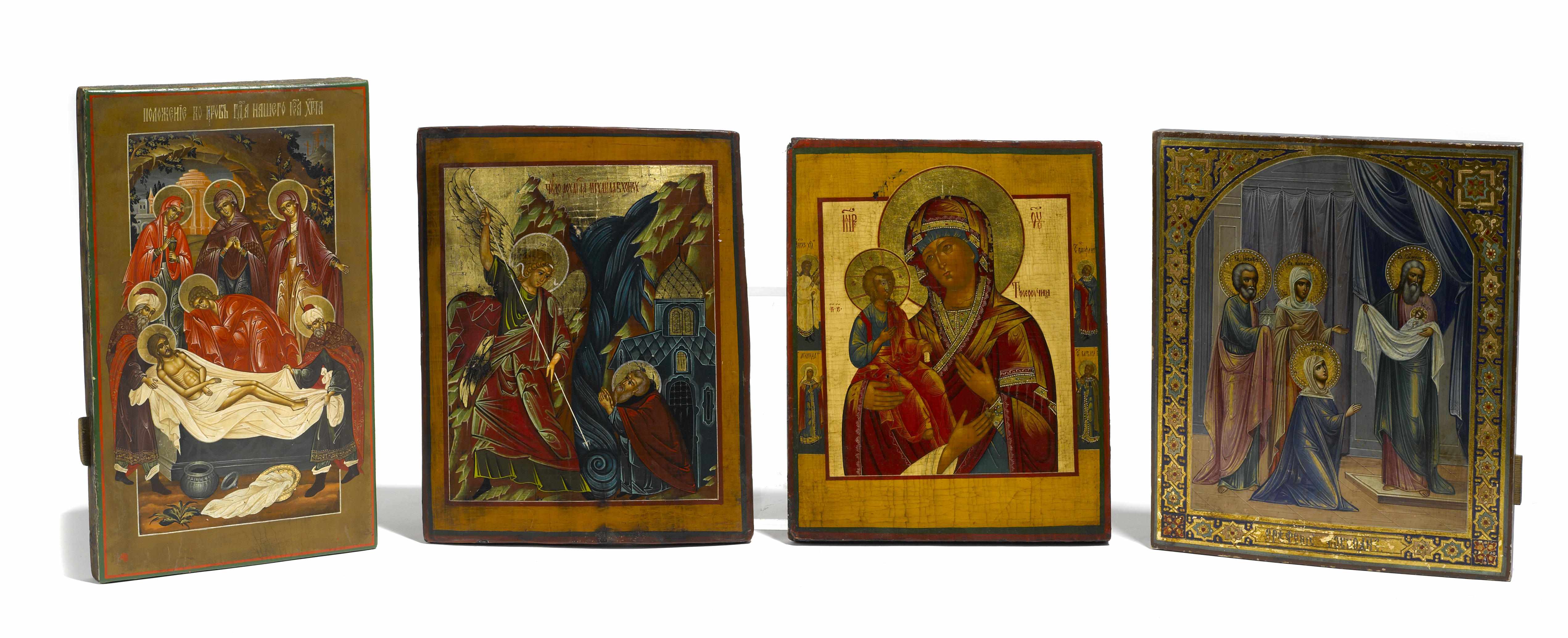 Appraisal: An assembled group of eight Russian icons Polychrome on wood