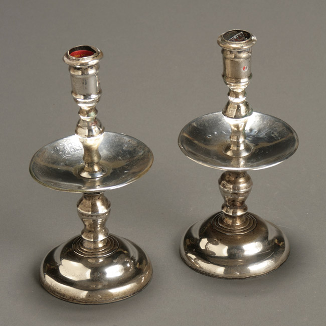 Appraisal: Pair of Dutch Weighted Silver Candlesticks th Century Each drip