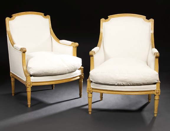 Appraisal: Pair of Louis XVI-Style Fruitwood Bergeres late th century the