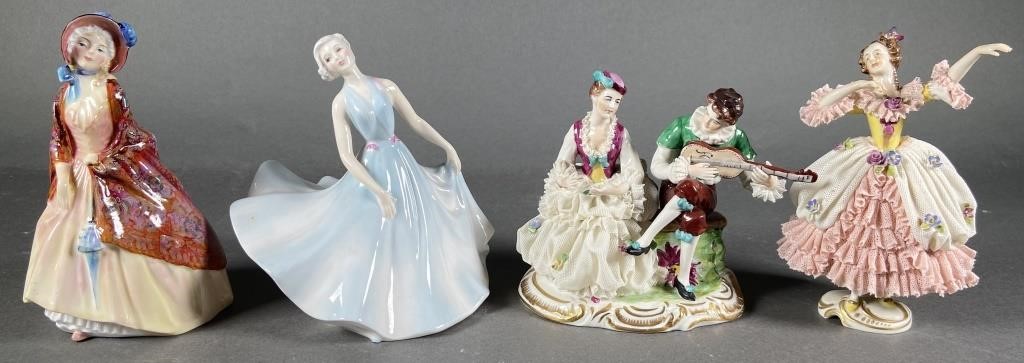 Appraisal: Lot of figurines two Dresden lace figurines and two Royal