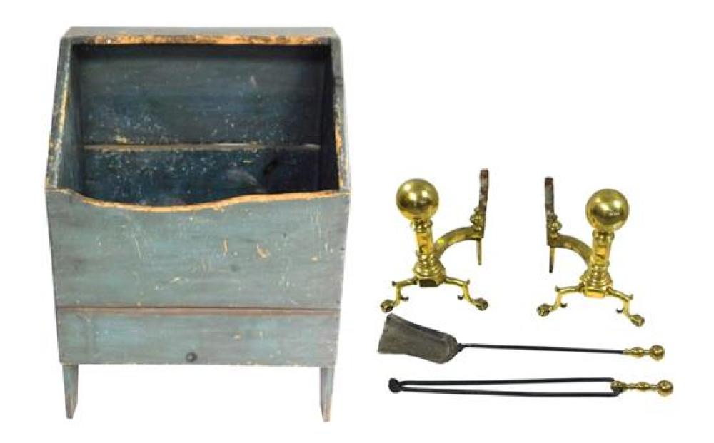 Appraisal: Set of brass andirons and a painted grain bin details