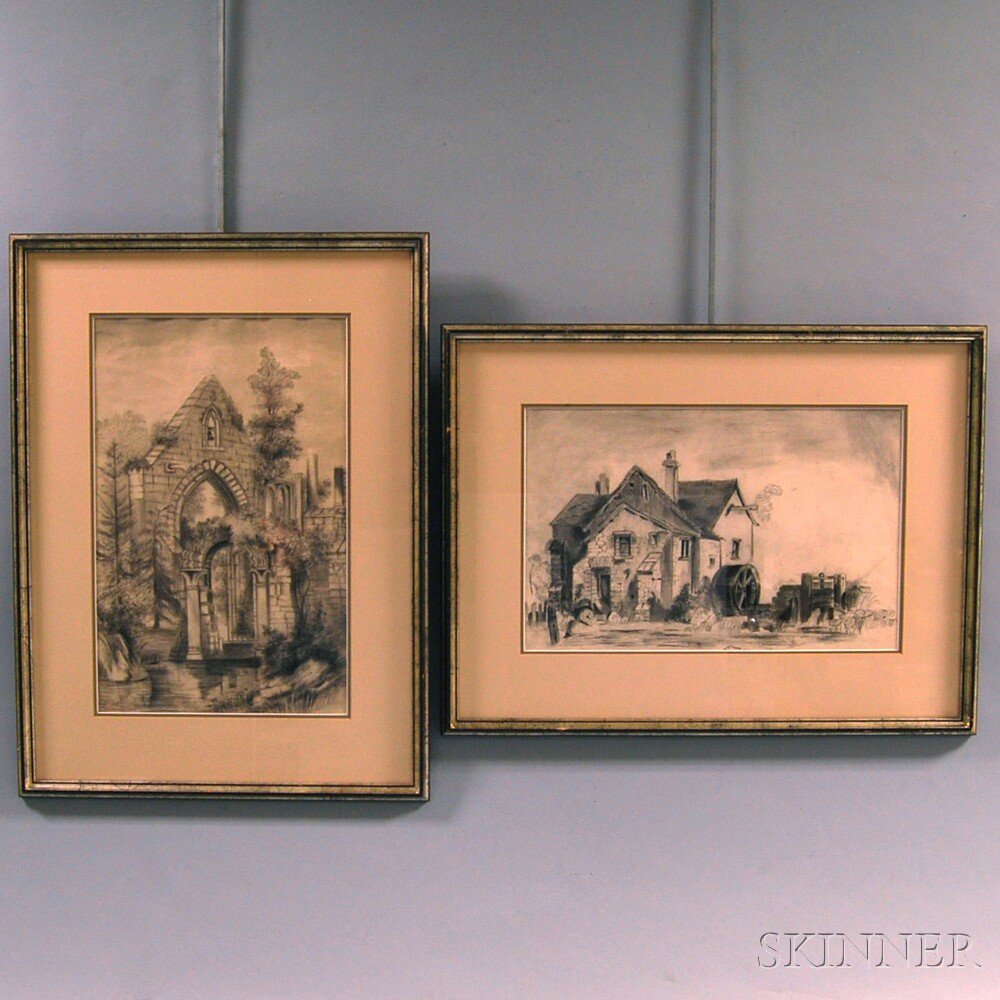 Appraisal: American School th Century Two Framed Charcoal Drawings Ruins of