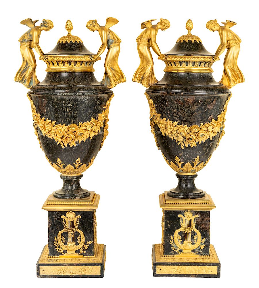 Appraisal: A PAIR OF MONUMENTAL ORMOLU-MOUNTED SERPENTINITE URNS MANNER OF MATTHEW