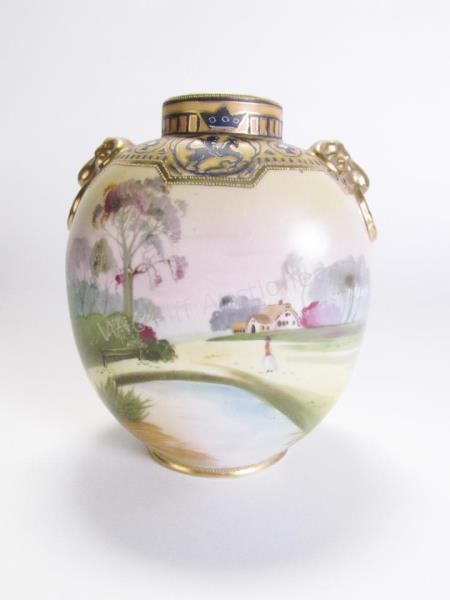 Appraisal: Nippon Morimura Brothers Scenic Vases depicting figure near pond painted