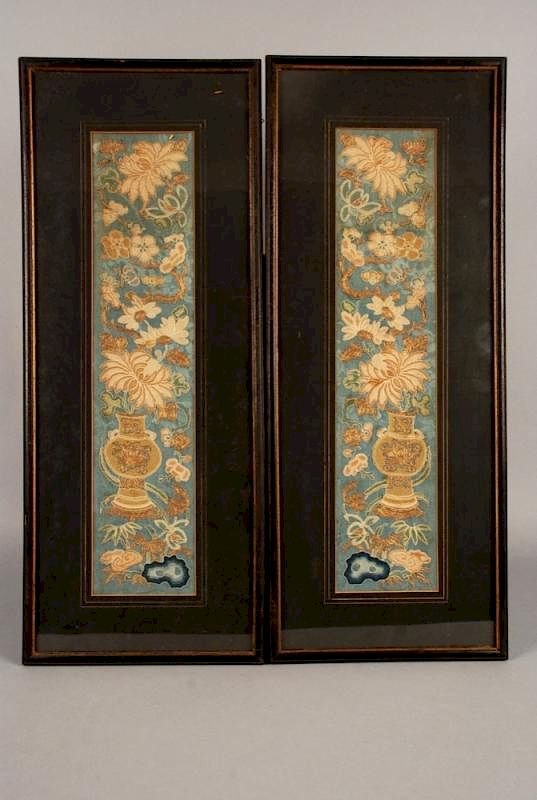 Appraisal: TWO FRAMED CHINESE EMBROIDERIES th C Silk seed stitch and