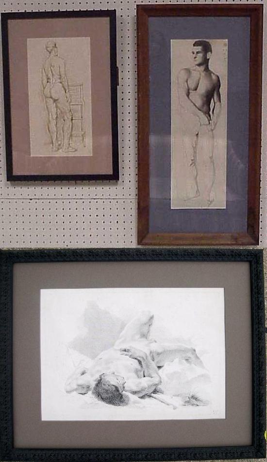 Appraisal: Three images of male nude one charcoal one ink one