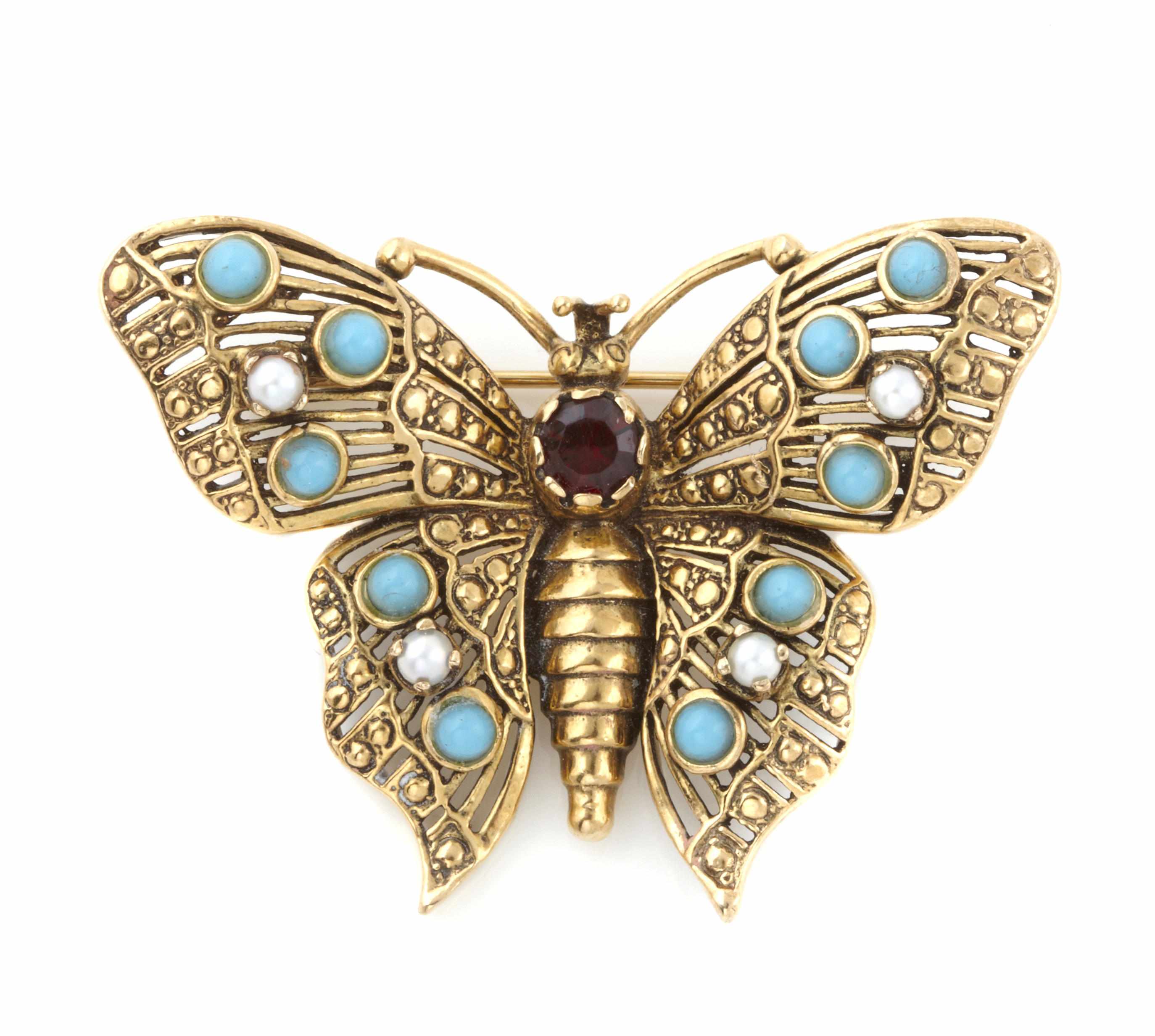 Appraisal: A turquoise cultured pearl red stone and gold butterfly brooch