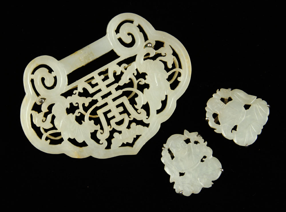 Appraisal: - Chinese Jade Pin and Earrings Chinese carved jade pin