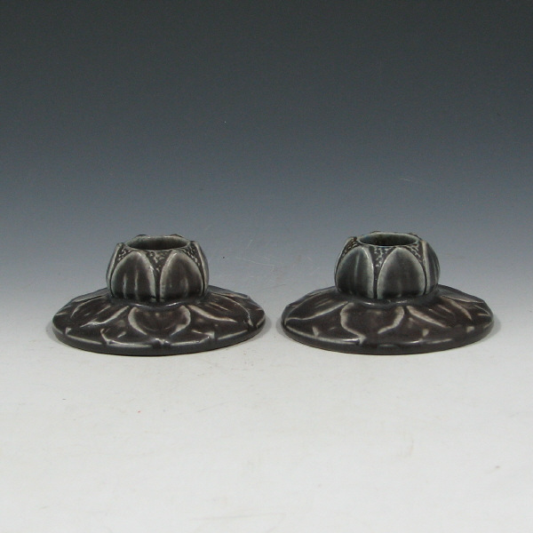 Appraisal: Rookwood Lotus Candleholders - Mint Pair of Rookwood lotus candleholders