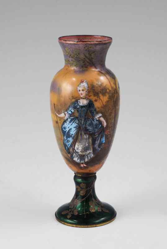 Appraisal: FRENCH ENAMEL VASE Woman in elegant dress '' tall CONDITION