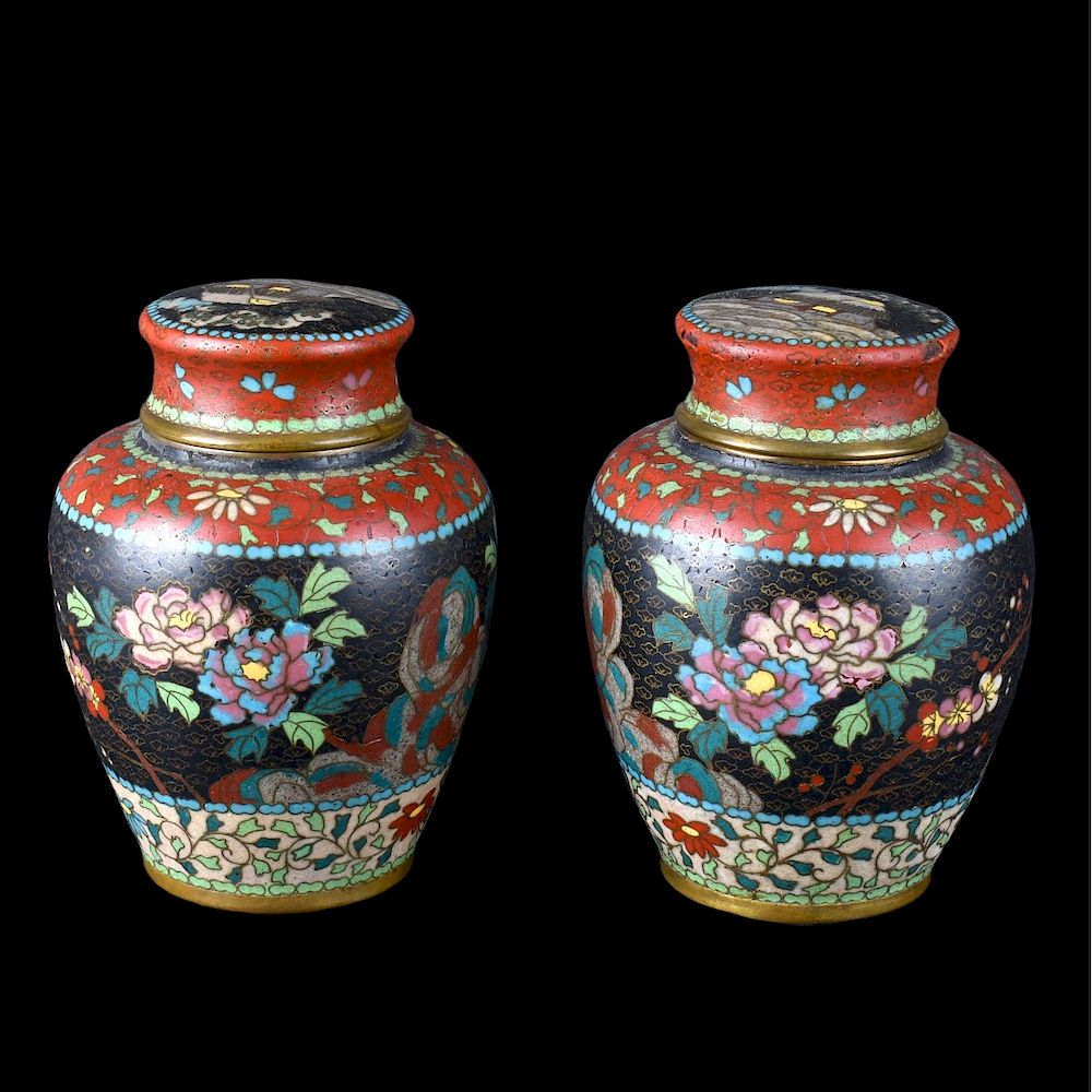 Appraisal: Chinese Cloisonne Vases Pair of Chinese Cloisonne Enamel Miniature Covered