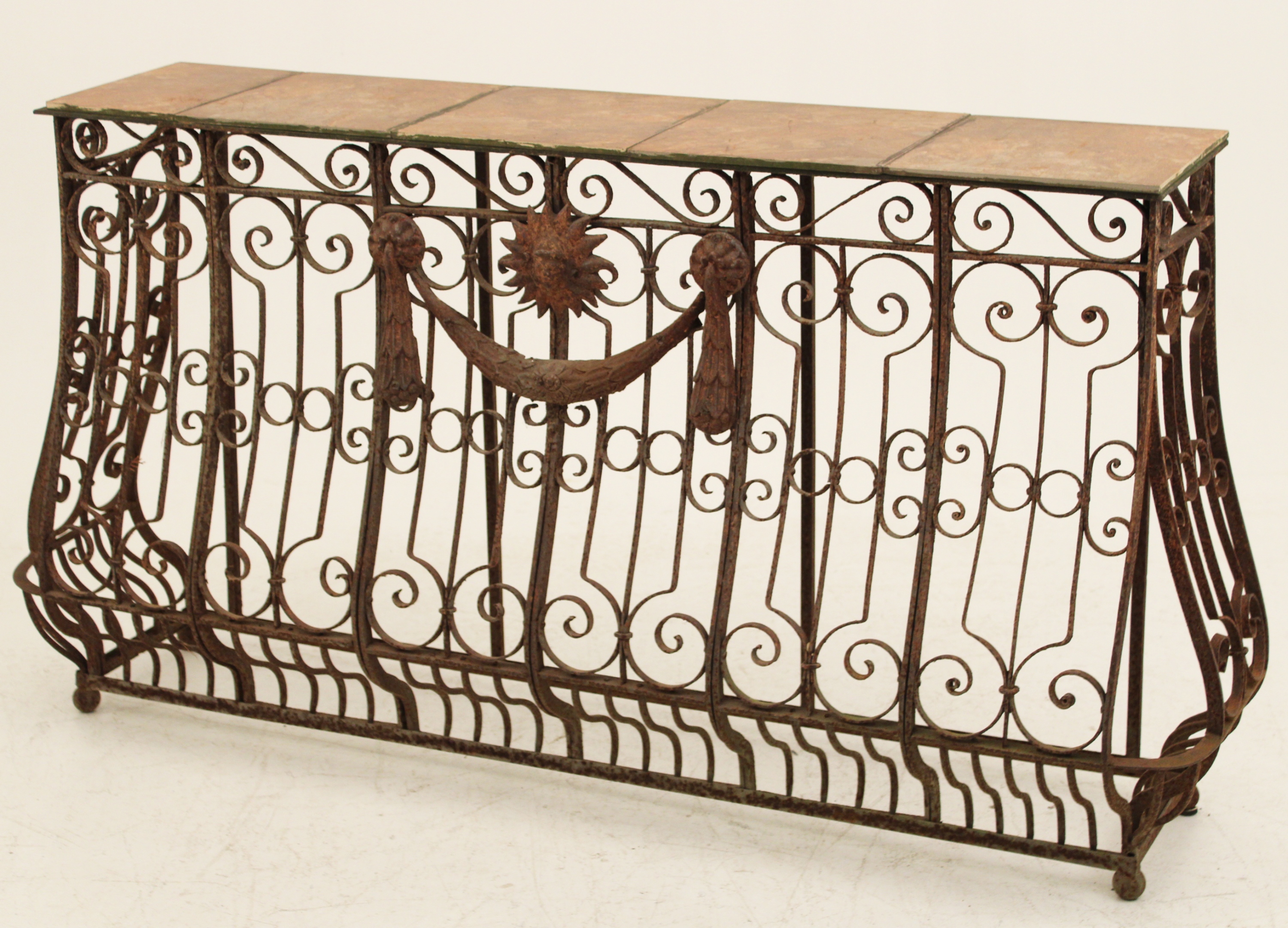 Appraisal: BOMBE SHAPED WROUGHT IRON CONSOLE W TILE TOP Bombe shaped