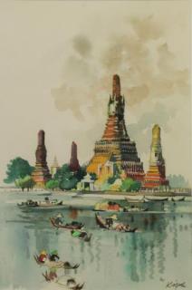 Appraisal: KINGMAN Dong Watercolor Waterfront Temple Bangkok Signed lower right Hammer