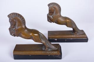 Appraisal: French Bronze Jacques Cartier Bookends Art Deco equestrian motif bronze