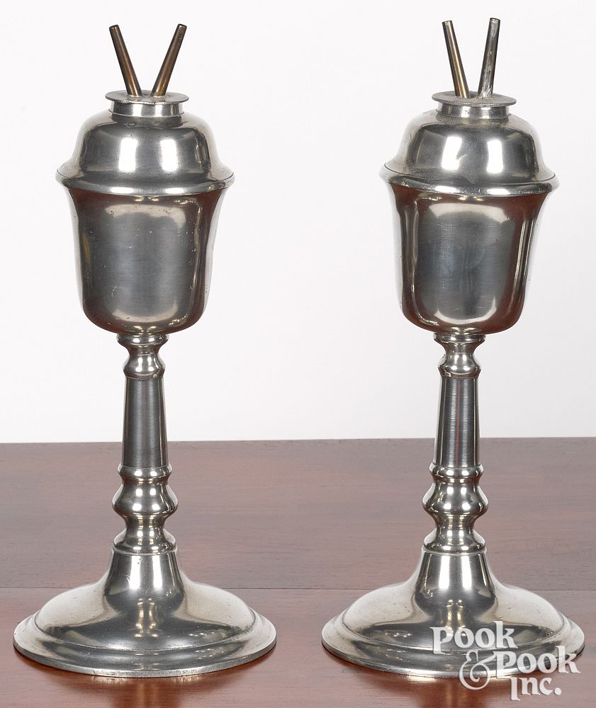 Appraisal: Pair of large pewter whale oil lamps mid th c