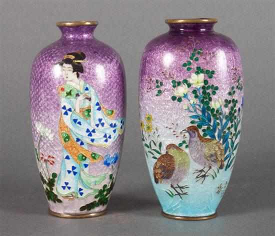 Appraisal: Two Japanese ginbari cloisonne enamel vases early th century geisha