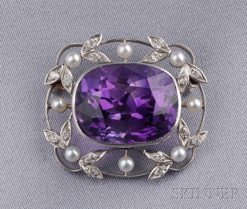 Appraisal: Edwardian Platinum and Amethyst Brooch Black Starr Frost bezel-set with