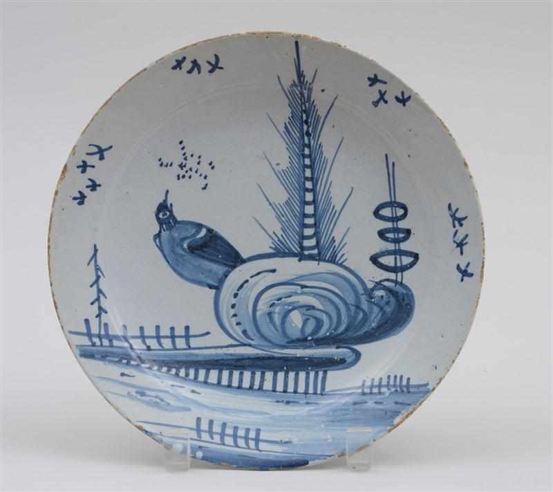 Appraisal: BRISTOL DELFT BLUE AND WHITE PLATE Circa with bird perched