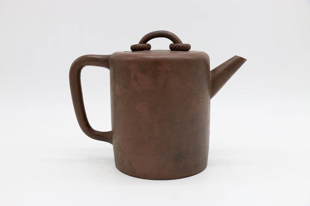 Appraisal: YIXING CYLINDRICAL TEAPOT of cylindrical form incised with calligraphy on