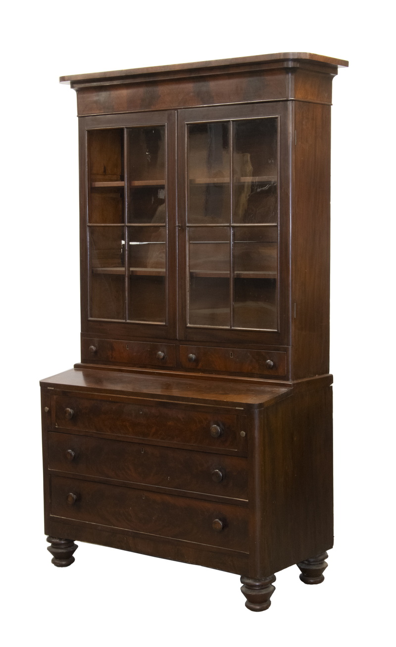 Appraisal: THREE-PART FEDERAL PERIOD GLASS FRONT SECRETARY Dark Mahogany with deep