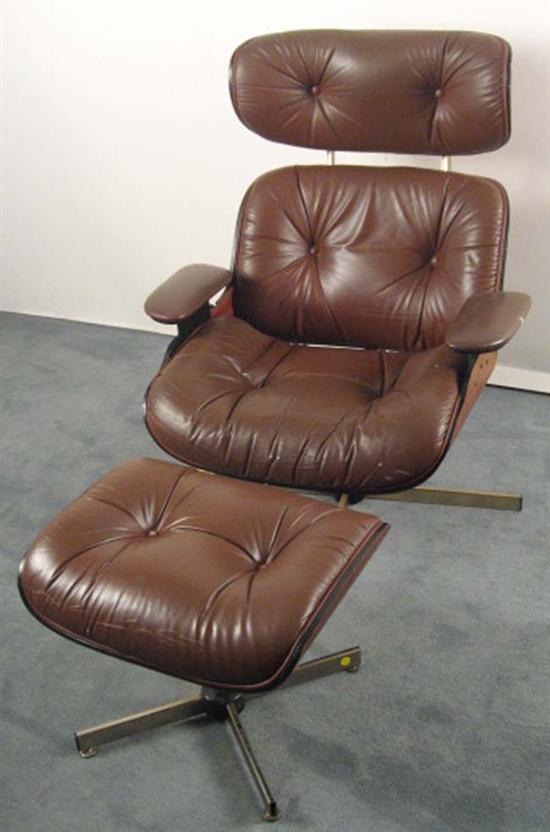 Appraisal: Plycraft Swivel Lounge Chair and Ottoman c with walnut frame