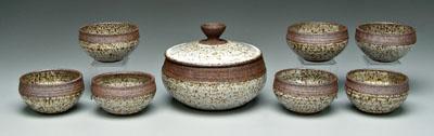 Appraisal: Eight pieces Karen Karnes pottery New York born lidded casserole