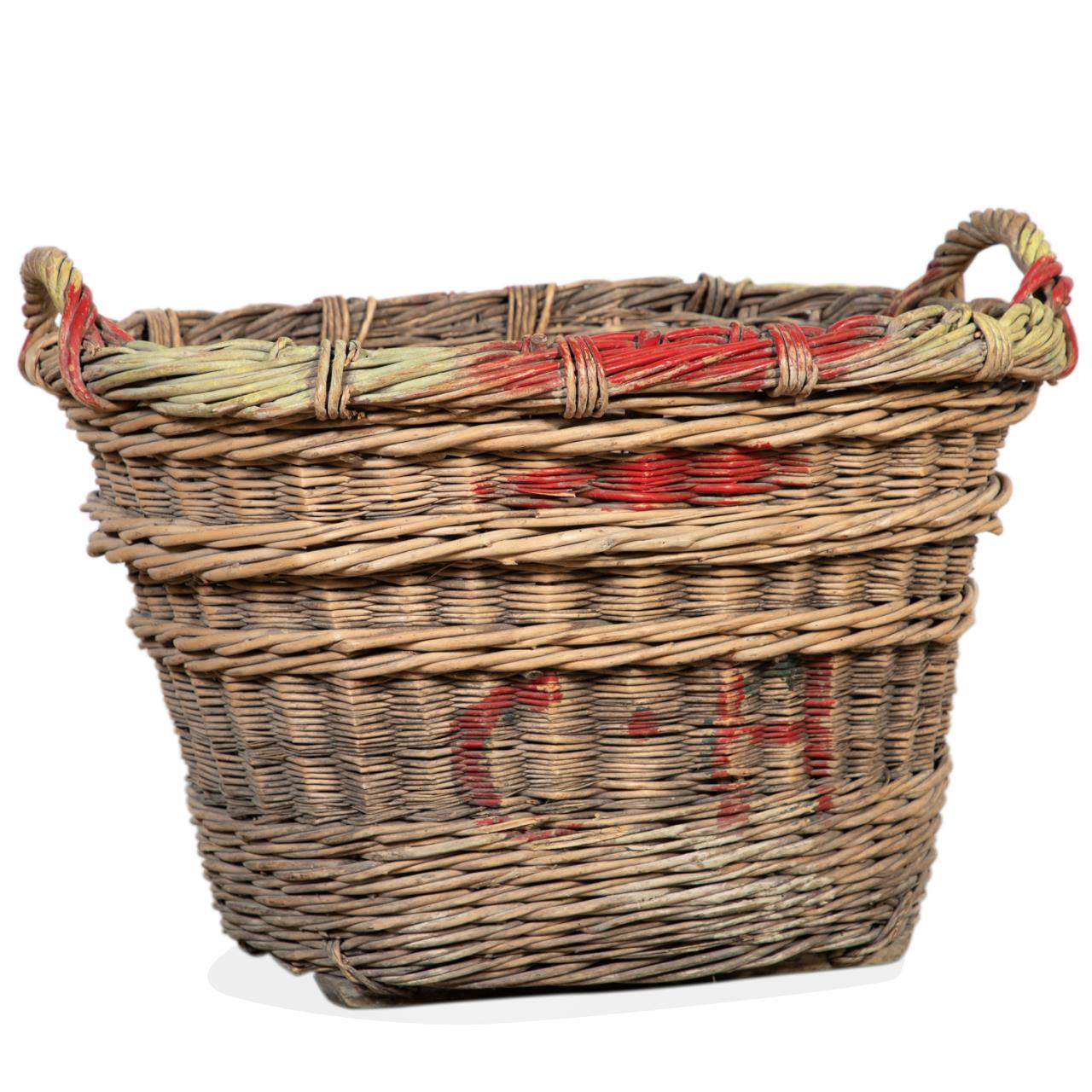 Appraisal: OVERSIZED FRENCH WOVEN PAINT DECORATED BASKET French oversized woven double-handled