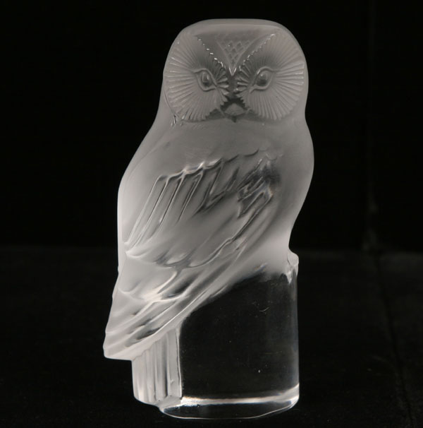 Appraisal: Lalique France clear and frosted crystal owl figure paperweight engraved