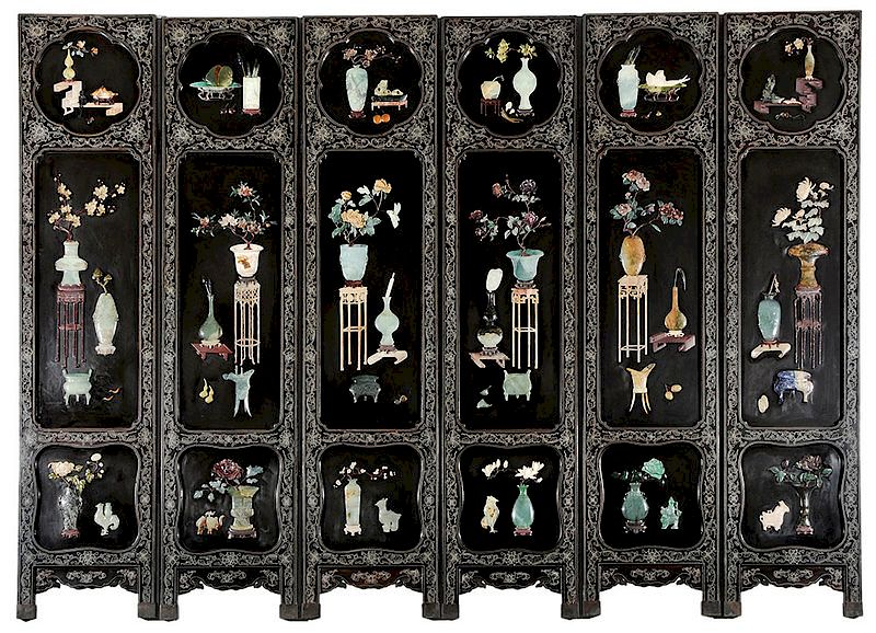 Appraisal: Chinese Lacquer Screen with Hardstone Elements th century six section