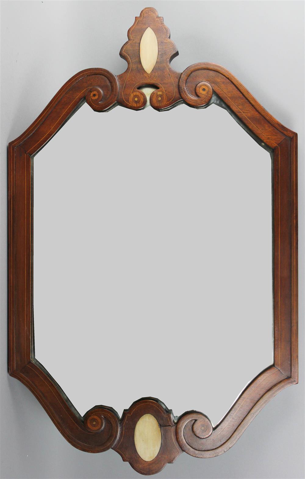 Appraisal: INLAID MAHOGANY MIRROR shaped crest and drop with scrolling design